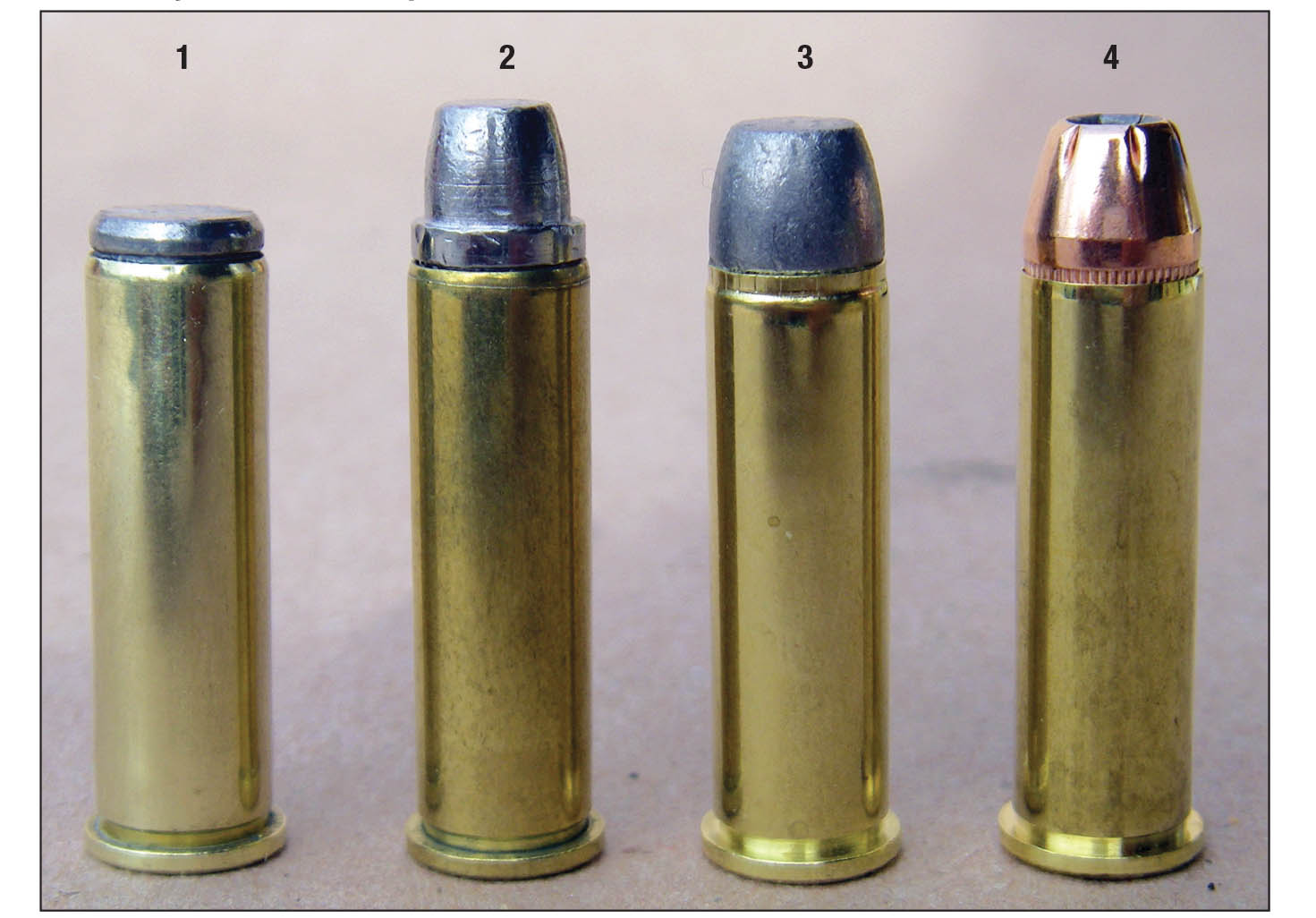 The new Model 1894CS .357 Magnum fed a variety of bullet profiles without a hitch, including a (1) full wadcutter, (2) semiwadcutter, (3) LBT pattern flatpoint and a (4) jacketed hollowpoint.